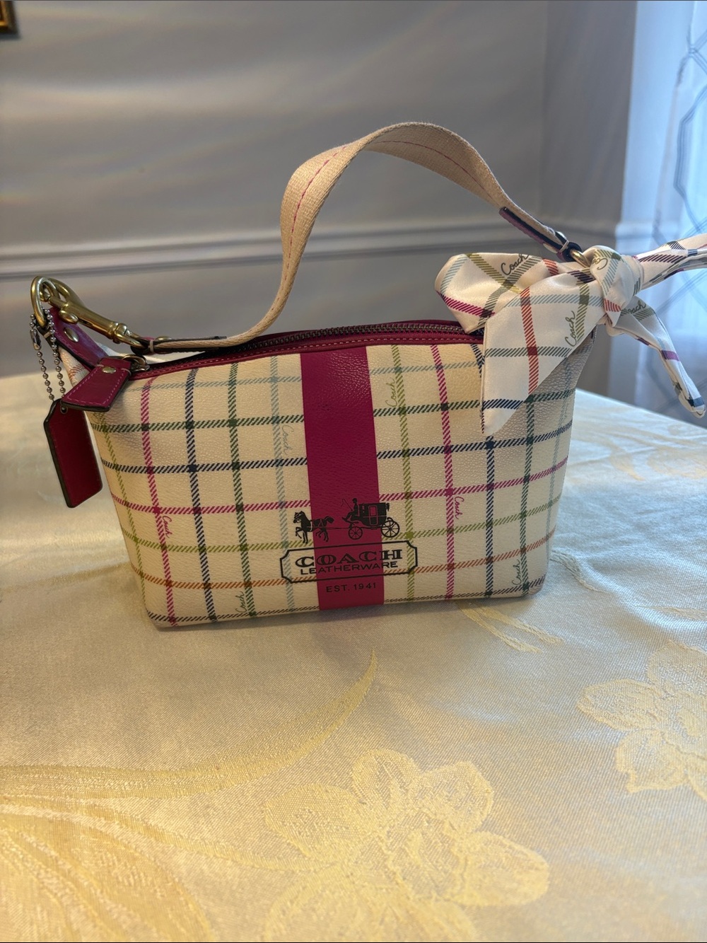 Coach Cream Plaid Shoulder Bag with Pink Stripe
